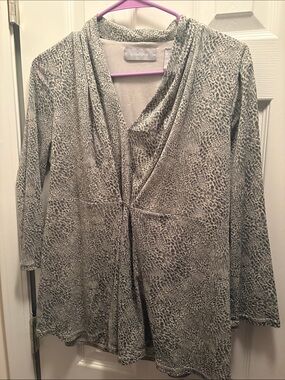 Liz Claiborne Gray and Black Printed Drape Front Blouse